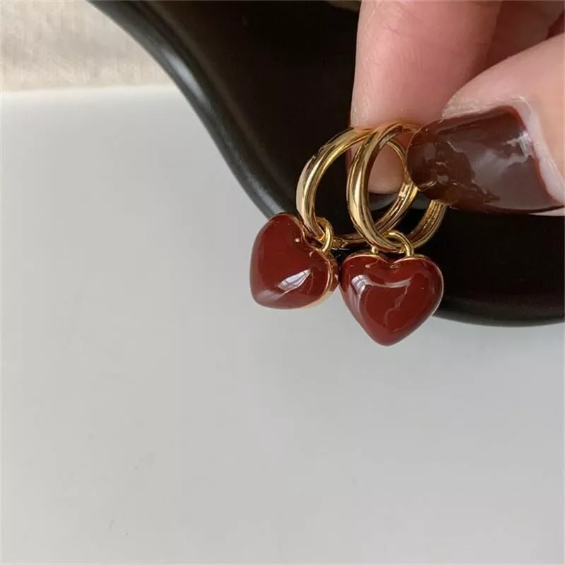 Simple Design Wine Red Love Heart Dangle Earrings For Women Gold Color Circle Vintage Peach Drop Earring Can Be Separated N513 Simple Design Wine Red Love Heart Dangle Earrings For Women Gold Color Circle Vintage Peach Drop Earring Can Be Separated N513