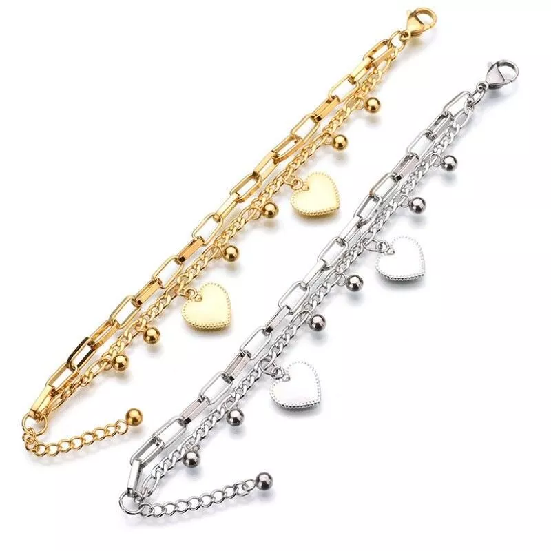 Stainless Steel Bohemian Love Heart Charm Thick Chain Bracelet Stainless Steel Bohemian Love Heart Charm Thick Chain Bracelet